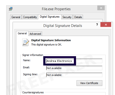 Screenshot of the Andrea Electronics certificate